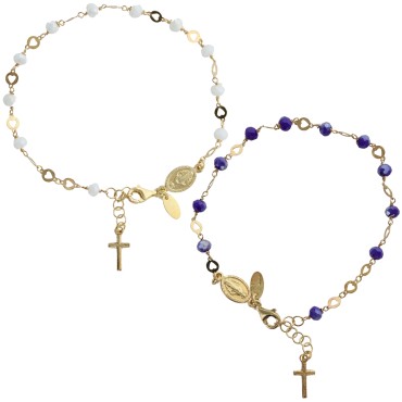 Bracelet argent 925 °/°° chaine doree , grains facettes Ø 3 mm (3 g) medaille VM & croix. Livre en boite. Plusieurs couleurs